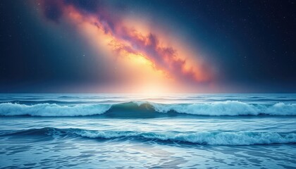 Glowing nebula above an ocean horizon, with waves gently crashing under the starlit sky 2