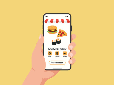 hand holds a smartphone showcasing delicious selection fast food options featuring tempting chicken wings pizza ramen tacos other food ready tasty meal ordered