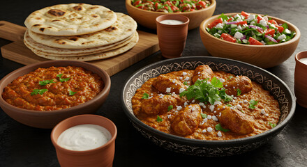 A traditional Indian food feast with delicious curry, fresh naan bread, and assorted side dishes.