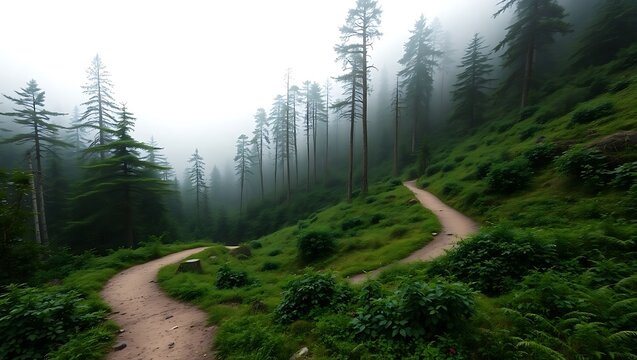 Winding path through a misty forest with tall trees and lush green vegetation on a cloudy day scene