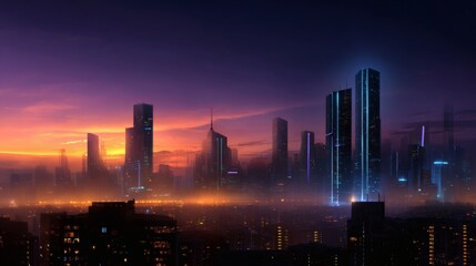 Pre-dawn city skyline under a purple and orange sky gradient, high-tech towers flickering with fading neon blue lights, warm early light illuminating building edges 