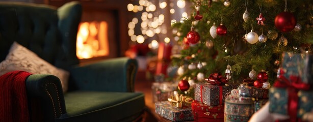 The festive Christmas tree adorned with decorations and surrounded by wrapped gifts.