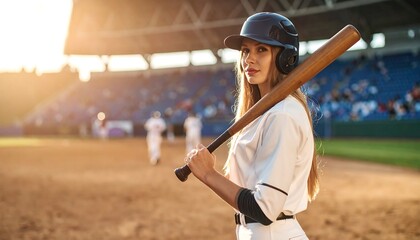 Female baseball player at sunset