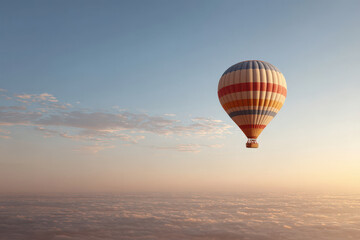 Obraz premium hot air balloon floats gracefully against stunning sunset backdrop surrounded by soft clouds