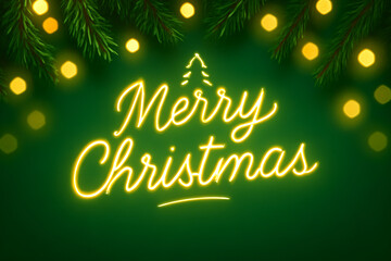 Merry Christmas neon sign style greeting card with bokeh lights 