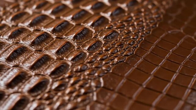 A close up shot showcasing the intricate details of a brown crocodile leather pattern