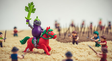 Eggplant knight on horseback leads miniature army to victory.