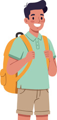 Fototapeta premium Smiling young boy with yellow backpack wearing green polo shirt and beige shorts casual summer style vector illustration