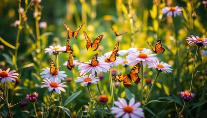 Group of butterflies fluttering around blooming flowers in a natural garden, surrounded by greenery and soft golden light 2