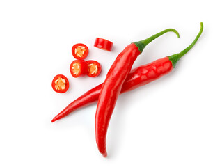 Flat lay of Two Red chili peppers with sliced isolated on white.