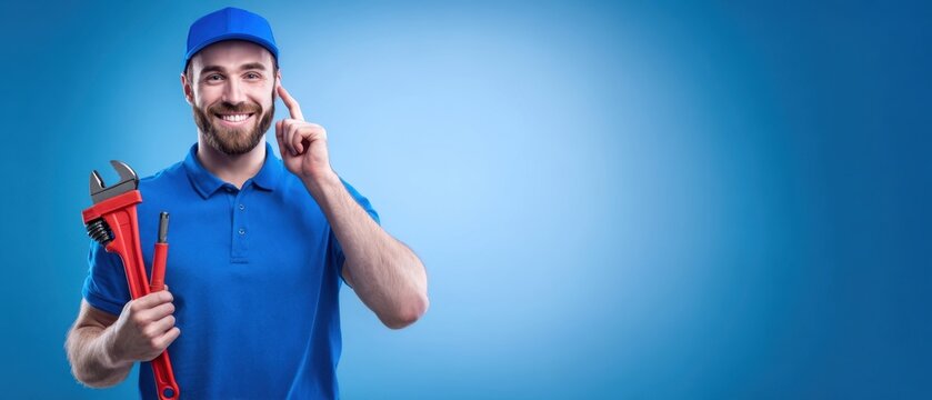 The smiling plumber holding tools and discussing services on the phone.