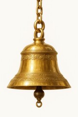 Ornate Golden Temple Bell with Intricate Designs and Heavy Chain: Isolated on White
