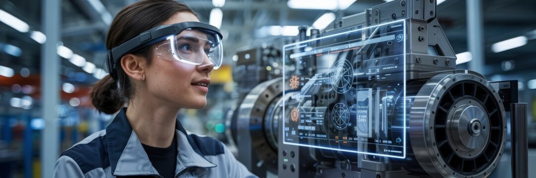 Female engineer using augmented reality glasses to analyze machinery in a factory - Powered by Adobe