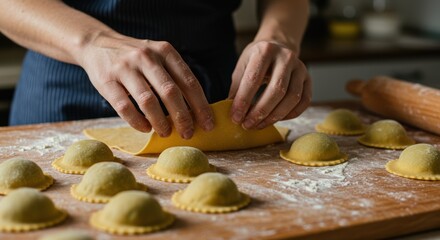 Making fresh homemade pasta ravioli on a wooden board in a kitchen for authentic italian cuisine