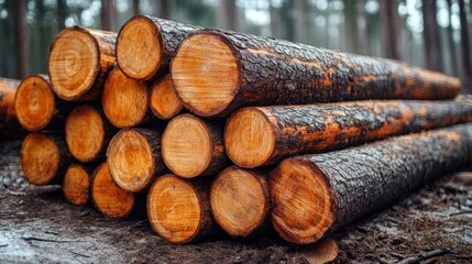 Stacked logs in forest