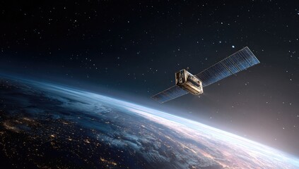 Satellite orbiting Earth. Night view