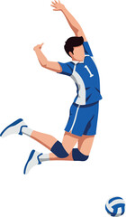 Male volleyball player jumping for spike in blue sports uniform vector illustration
