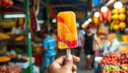 Hand holding a local fruit-flavored popsicle in a Latin American market, blurred background of colorful stalls and people 2