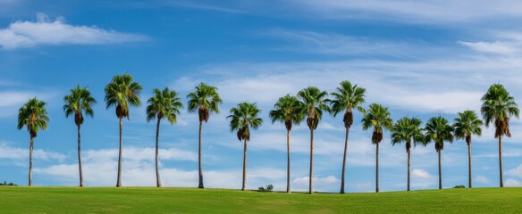 The row of vibrant palm trees against a clear blue sky.