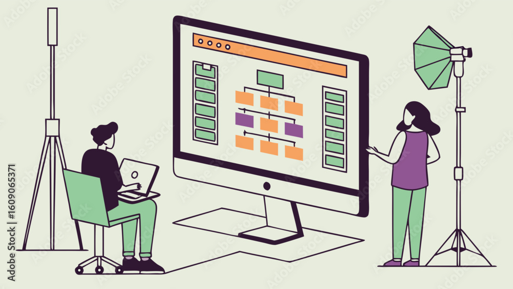 Wall mural two individuals collaborating on a website design project, analyzing the displayed structure on a la