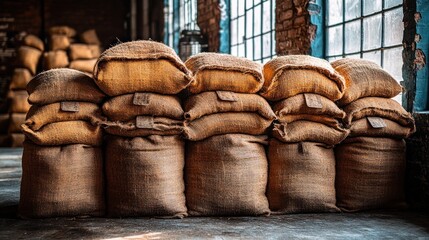 Stacks of burlap sacks in a warehouse