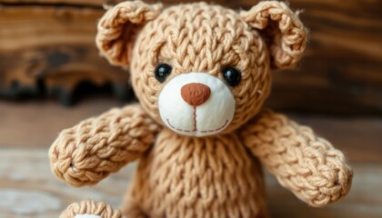 Handcrafted organic cotton teddy bear with earthy tones, close-up shot, rustic background, eco-conscious toy design