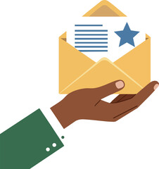 Hand Holding Open Envelope with Letter and Star Symbol in Flat Style Vector Illustration