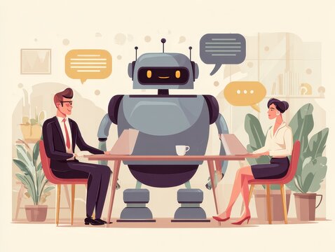 A businessman employs an internet chat bot to exchange and analyse consumer data. A customer care centre using artificial intelligence and CRM software technology