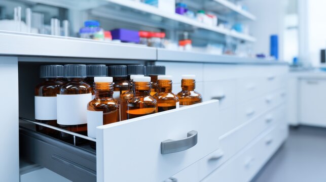 Laboratory drawer filled with amber bottles, showcasing organized workspace and equipment