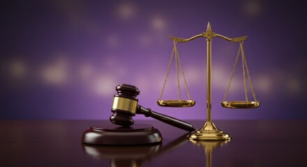 A visual representation of a fair and balanced legal system, featuring golden scales and a judge's gavel on a polished table against a purple background that evokes a solemn and reverent atmosphere.