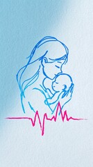 Minimalist line drawing, a blue, pink, and red digital illustration of a baby in the mother's arms with a heart monitor.-World Prematurity Day concept 