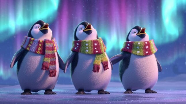 A funny trio of Emperor penguins stands together in the snow, striking playful poses. A charming, lighthearted wildlife scene perfect for nature, winter themes, or animal-focused content.
