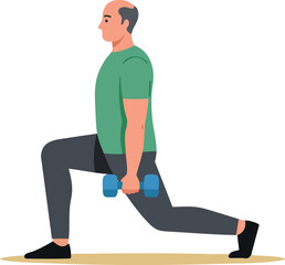 Mature man exercising with dumbbells doing lunges for fitness and strength training in home workout routine