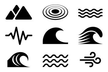 Black and White Nature Elements Icon Set. Mountains, Ripples, Waves, Wind, and Seismic Line Silhouettes for Weather, Ocean, Climate, and Natural Environment Design