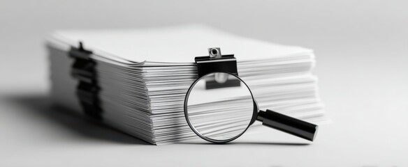 The magnifying glass resting on a stack of documents for detailed examination.