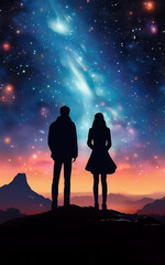 天の川銀河を見ている男女のシルエット