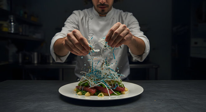 Chef Plating High-End Meal Decorated with Microplastic Elements
