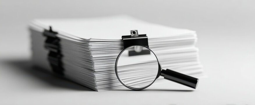 The magnifying glass resting on a stack of documents for detailed examination. - Powered by Adobe