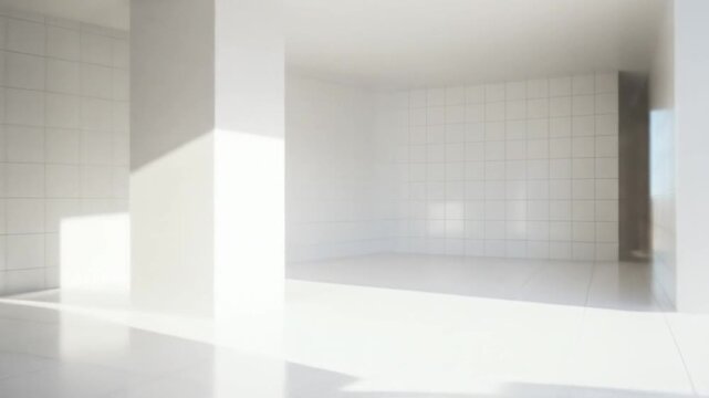A bright and airy white room with tile flooring and a large rectangular pillar casting shadows