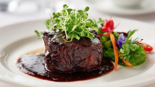 slow-cooked beef cheeks with wine reduction, fine dining aesthetic, white space