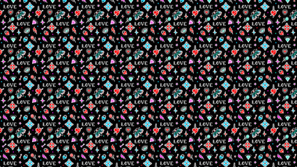 A seamless pattern with hearts butterflies diamonds and the word love on a black background