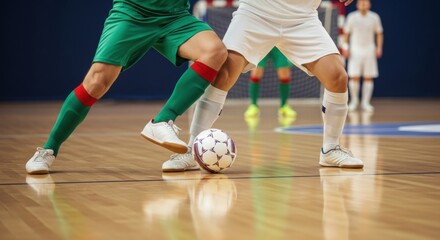 Fototapeta premium Intense Futsal Duel: Close-Up of Players Battling for the Ball on Polished Wood Court