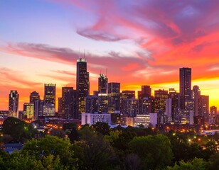 Obraz premium City skyline at vibrant sunset. Buildings illuminated against a fiery sky