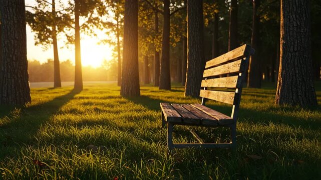 Wooden bench in a sunlit forest during golden hour  