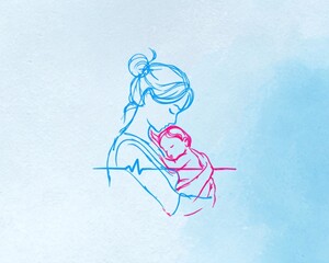 Minimalist line drawing, a blue, pink, and red digital illustration of a baby in the mother's arms with a heart monitor.-World Prematurity Day concept 