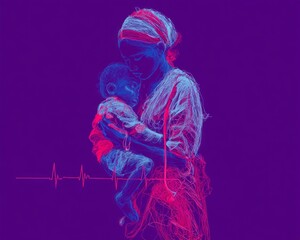 Minimalist line drawing, a blue, pink, and red digital illustration of a baby in the mother's arms with a heart monitor.-World Prematurity Day concept 
