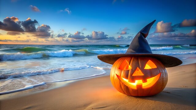 Lit Jack-o'-lantern in witch's hat on beach at sunset; Halloween coastal scene.