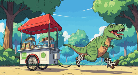 Cartoon T-Rex in Cow Print Boots Chasing Eco-Friendly Food Cart