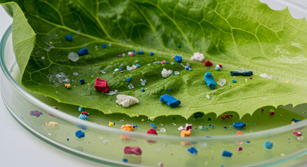 Green Lettuce Leaf with Colorful Microplastic in a Laboratory Petri Dish