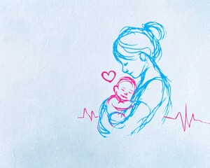 Minimalist line drawing, a blue, pink, and red digital illustration of a baby in the mother's arms with a heart monitor.-World Prematurity Day concept 